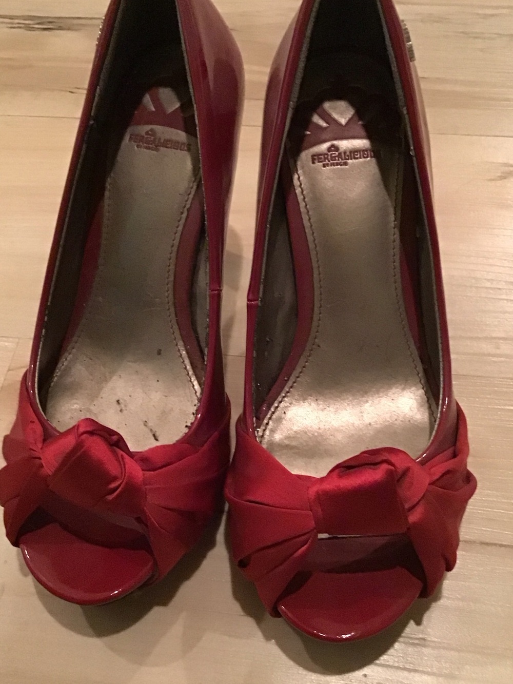 Fergalicious Red Satin Peep-Toe Bow Pumps